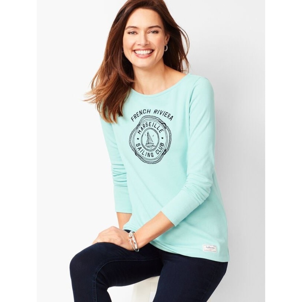 Talbots Plus Womens X Light Blue French Riviera Marseille Sailing Club Tee